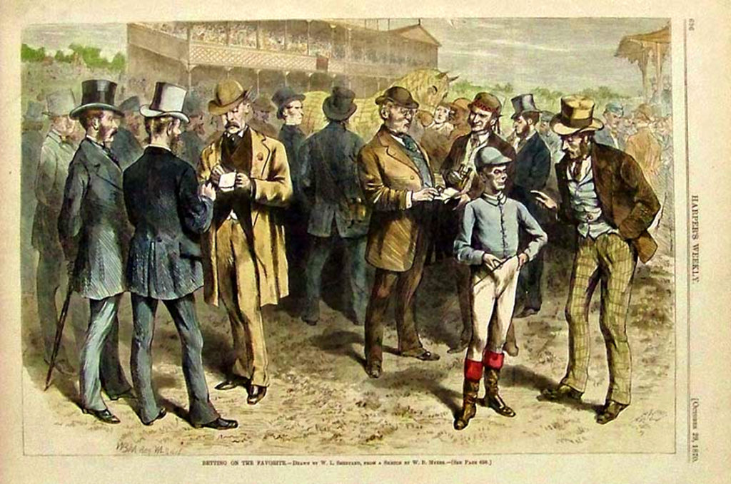 A historic picture circa 1870 depicting gentleman betting on a horse race